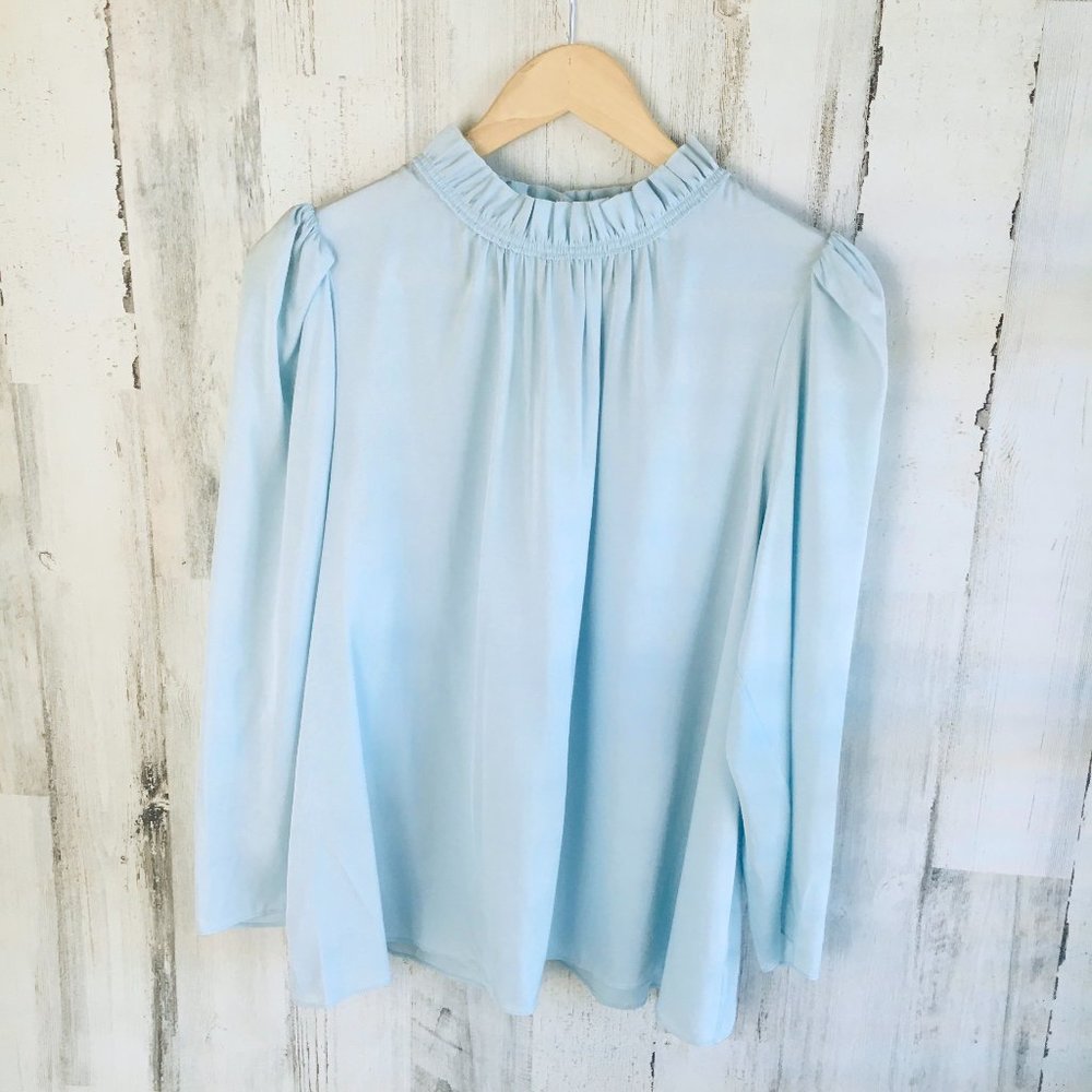 NWOT Lewit Silk Blouse Pastel Blue Frill Ruffle High Neck Puff Sleeve L